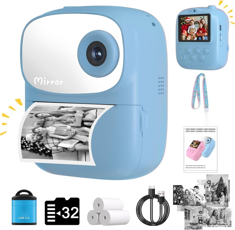 ICONLINK Kids Camera Instant Print for Kids, Kid Camera Instant with Mirror, HD Dual-Lens Selfie Digital Camera with 3 Rolls Print Paper & 32GB Card, Holiday Birthday Gifts Toys for Girls Boys Toddler.（Blue - Image 1